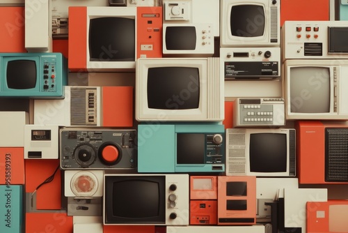 A Nostalgic Journey Through 2000s Technology: Vintage TVs, Gadgets, and the Warmth of Early Digital Memories in a Colorful Array photo