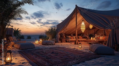 Desert Campsite at Sunset with Lanterns and Moroccan Rug