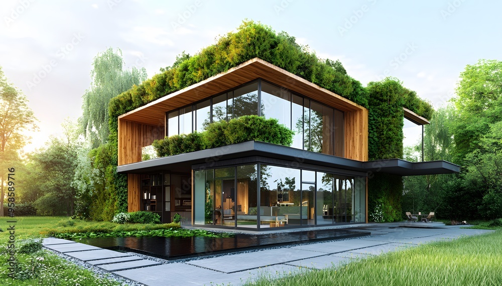 Modern Green Roof House with Patio and Pond Modern Green Roof House with Patio and Pond