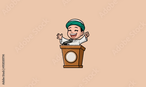 boy wearing a green turban giving a speech from a podium