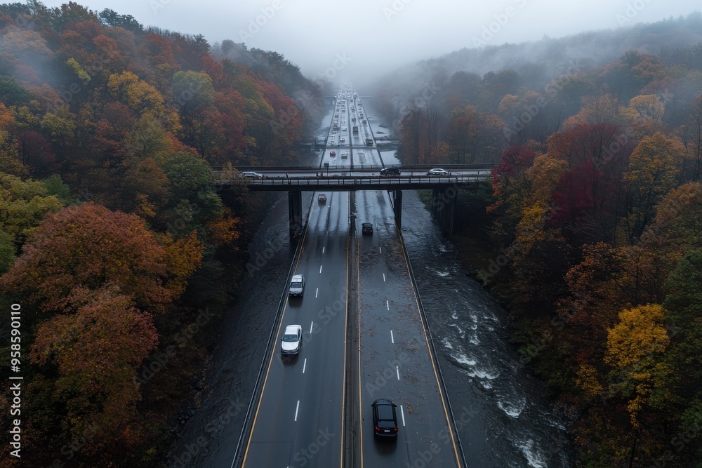 Fototapeta premium An elevated view of a highway passing through a forest with autumn-colored trees on either side. Fog adds a mysterious feel to this scenic and peaceful landscape.