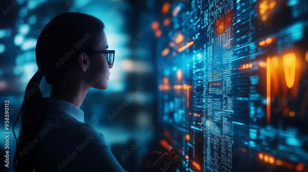 Woman Looking at Digital Data Wall: Technology and Innovation Woman Looking at Digital Data Wall: Technology and Innovation