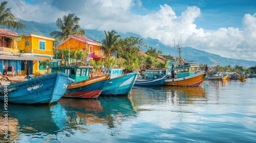 Colorful Boats Moored in Tropical Harbor with Blue Sky and Mountains