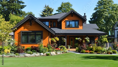 A Modern Orange House with a Lush Green Lawn and Well-Maintained Landscaping