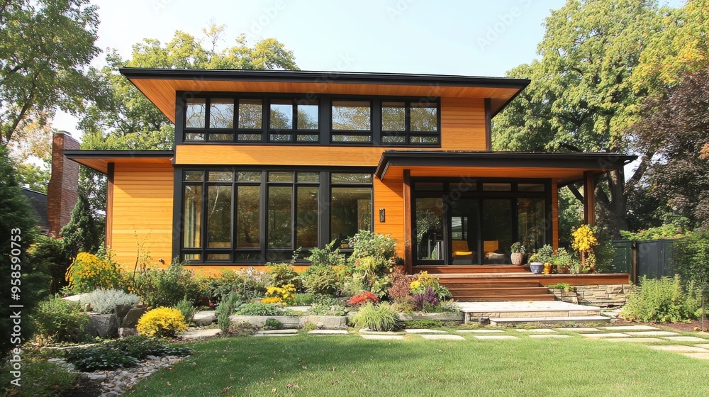 Modern House with Large Windows and Stone Patio Modern House with Large Windows and Stone Patio