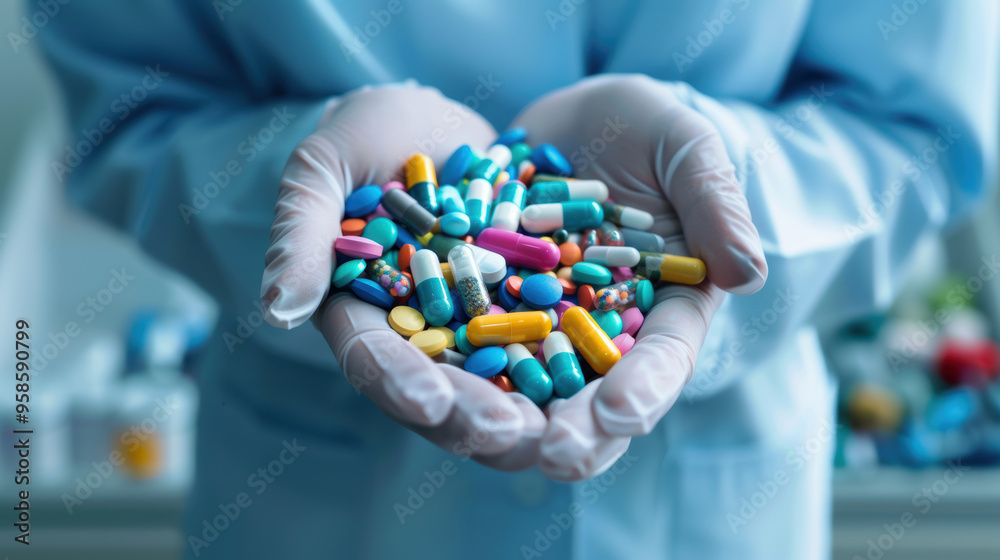 The doctor's hands were full of medicine capsule pills medication