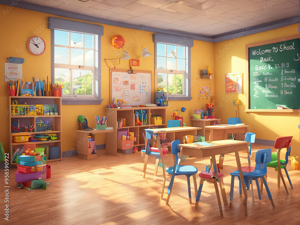 A bright and colorful kindergarten classroom with desks, chairs, bookshelves, and a chalkboard. A bright and colorful kindergarten classroom with desks, chairs, bookshelves, and a chalkboard.