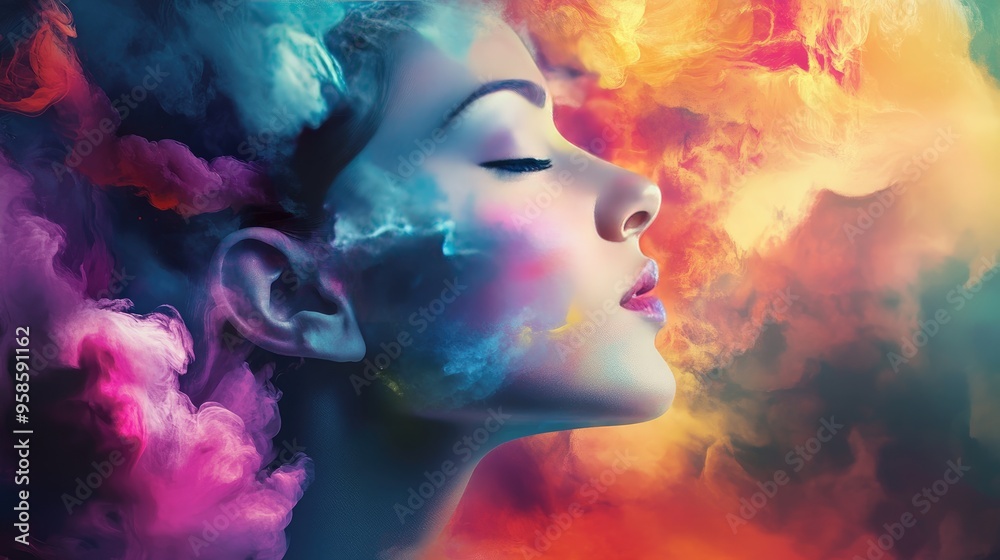 A Profile of a Woman Surrounded by Colorful Smoke A Profile of a Woman Surrounded by Colorful Smoke