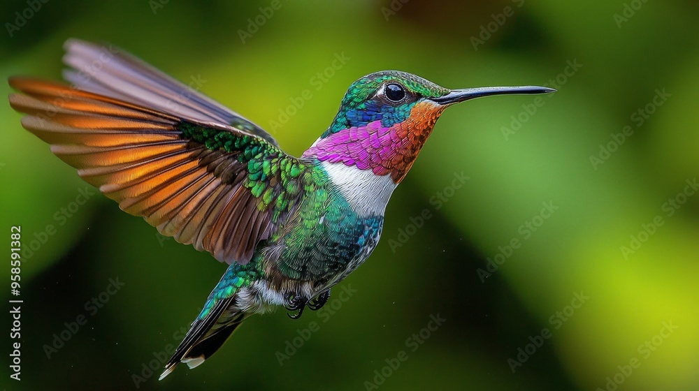Fototapeta premium Hummingbird in Flight with Green Background