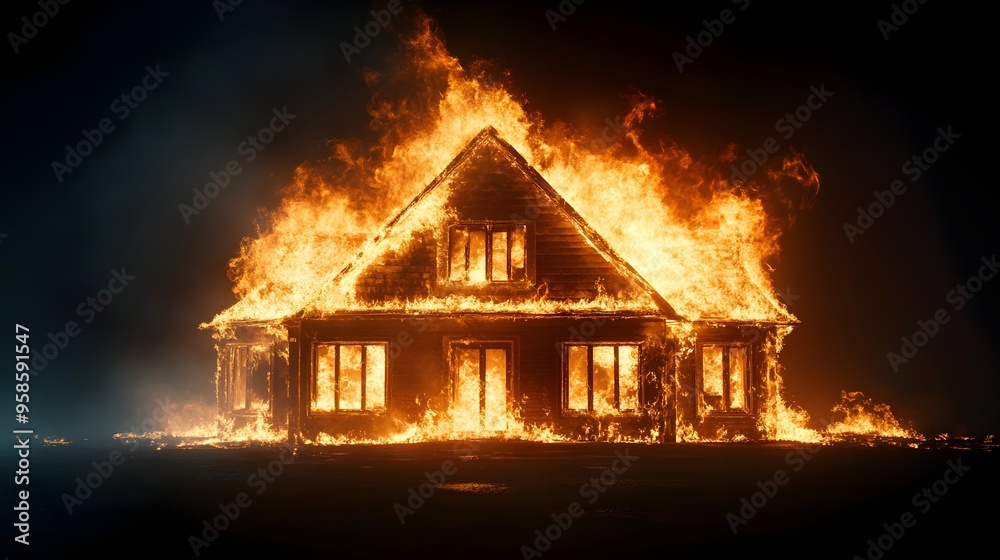 Nighttime scene of a burning house in total darkness, with flames reflecting off nearby windows, intense glow highlighting the roof and walls, 3D Render, Realism, Fire as main light source