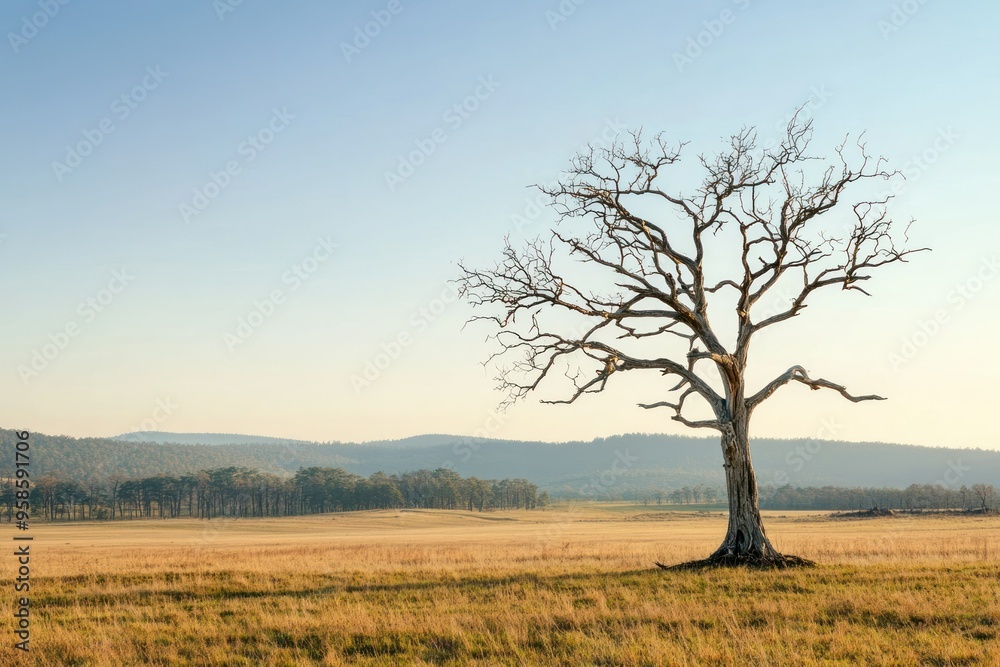 Fototapeta premium A Single Dead Tree Standing in a Field