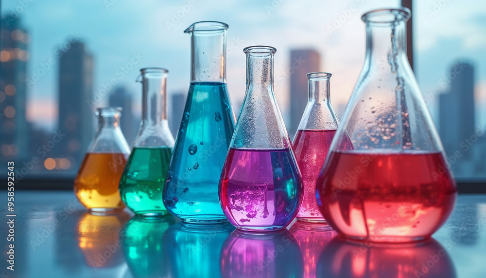 Various glass laboratory beakers and flasks filled with colorful liquids on a reflective surface Various glass laboratory beakers and flasks filled with colorful liquids on a reflective surface