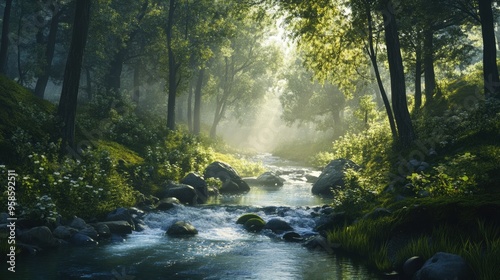 Enchanting Forest Stream Flowing Through a Lush Misty Landscape