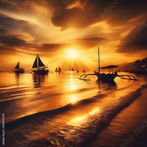 Golden Sunset over a Calm Ocean with Silhouetted Sailboats