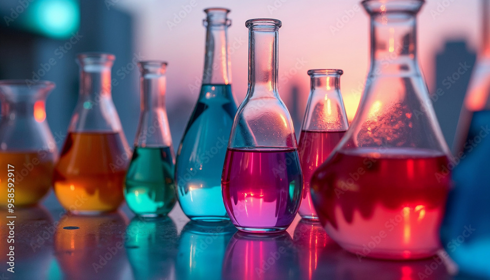 Colorful glass bottles filled with various liquids, including blue, red, and purple hues, against a blurred background Colorful glass bottles filled with various liquids, including blue, red, and purple hues, against a blurred background