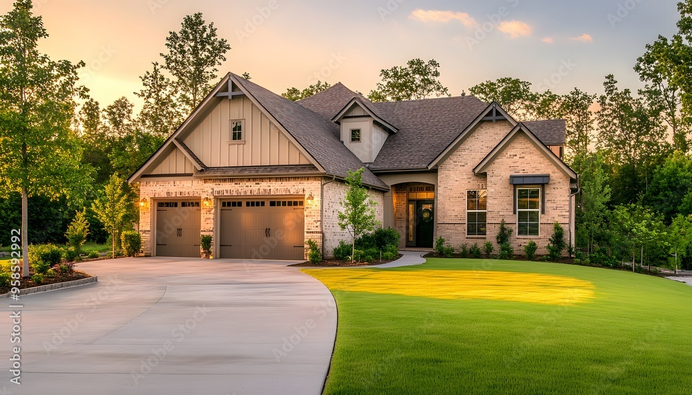 Brick and Beige Suburban Home with Garage and Lush Green Lawn Brick and Beige Suburban Home with Garage and Lush Green Lawn