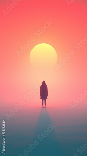 Silhouette of a person in a hooded coat standing in front of a yellow sun in a pink and blue sky.