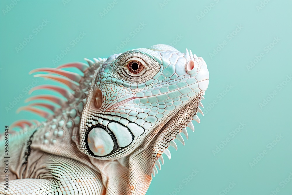 Fototapeta premium close up profile portrait of iguana lizard on light blue background