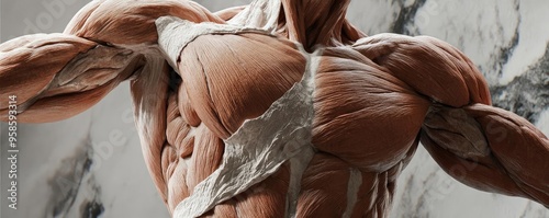 Close-up of a muscular human torso, highlighting intricate muscle details and texture, great for fitness or anatomy themes.