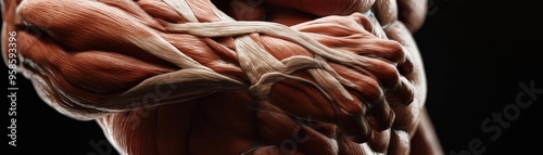 Close-up of muscular anatomy showcasing detailed muscle fibers and definition against a dark background.
