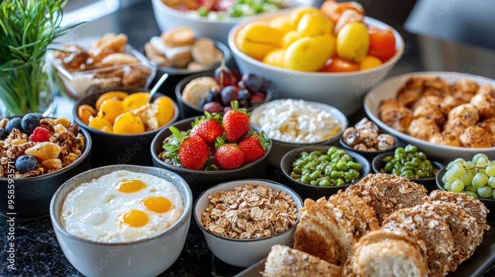 Healthy Breakfast Table with Variety of Fresh Organic Foods and Beverages Healthy Breakfast Table with Variety of Fresh Organic Foods and Beverages