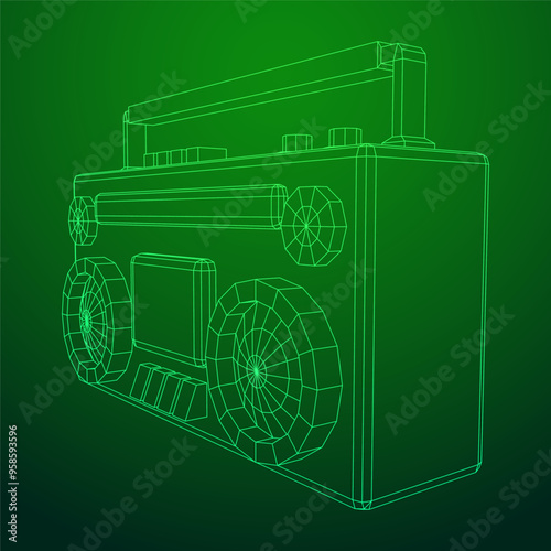 Retro Boombox outdated portable cassette tape recorder. Wireframe low poly mesh vector illustration.