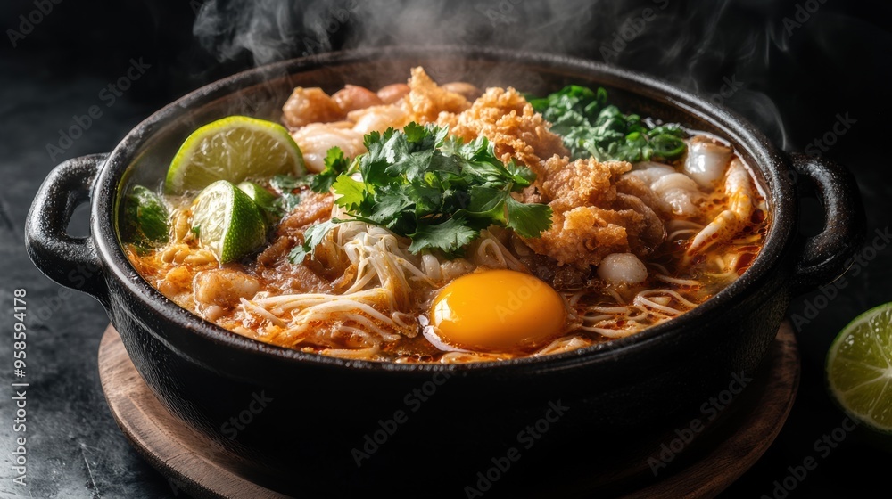 Steaming Spicy Asian Noodle Soup in Bowl with Fresh Ingredients Steaming Spicy Asian Noodle Soup in Bowl with Fresh Ingredients