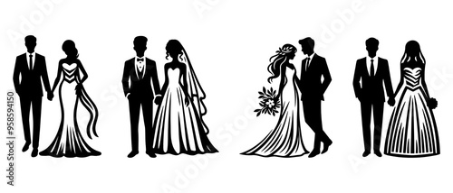 Bride and groom in white and black bridal suit. Wedding silhouette black filled vector Illustration icon.