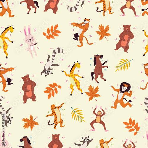 Cute dancing animals seamless pattern photo