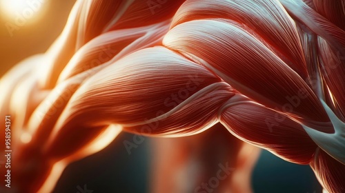 Close-up of human muscle structure showcasing intricate details and textures, highlighting strength and anatomy in dynamic light.