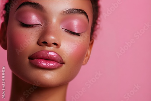 Close-up of a Woman's Face with Pink Makeup and Glossy Lips