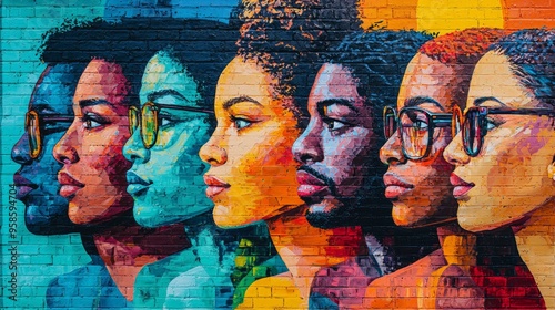 Colorful Mural of Faces on Brick Wall