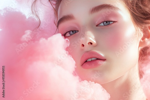 Close-up Portrait of a Woman with Pink Makeup and Cotton Candy photo