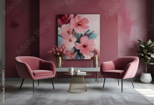 A modern living room with pink velvet armchairs, a glass coffee table, and a large abstract floral painting on the wall, bold and slim lines.