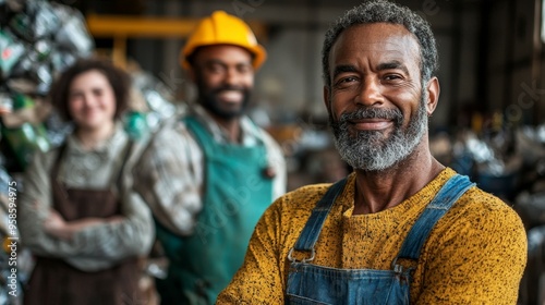 Smiling African American Man in Workwear with a Yellow Shirt and Blue Bib Overalls