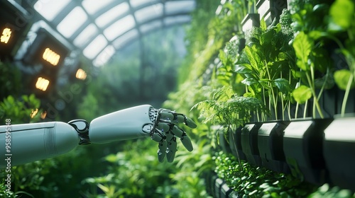 Robotic Arm Tending Plants in Greenhouse
