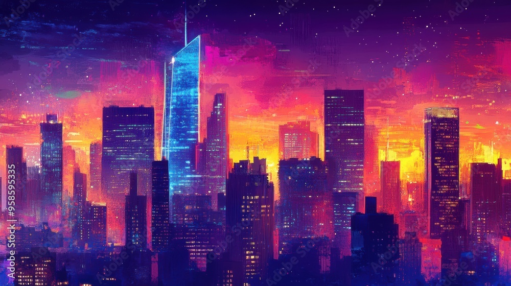 Futuristic Neon Lit Cityscape Skyline at Dramatic Sunset Futuristic Neon Lit Cityscape Skyline at Dramatic Sunset