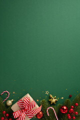 Christmas vertical border featuring wrapped gifts, candy canes, and ornaments on a green background, perfect for holiday celebrations and card designs
