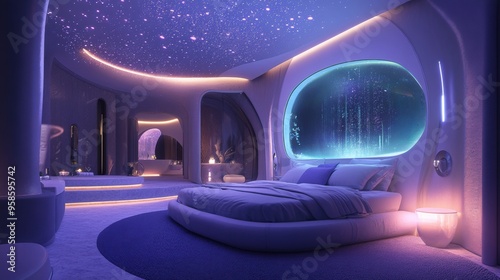 Futuristic Bedroom with Glowing Architectural Lighting and Surreal Interiors