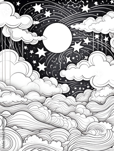 Coloring page for adults, black and white, cartoon style, night sky with clouds and stars, thick lines, low details, no shading