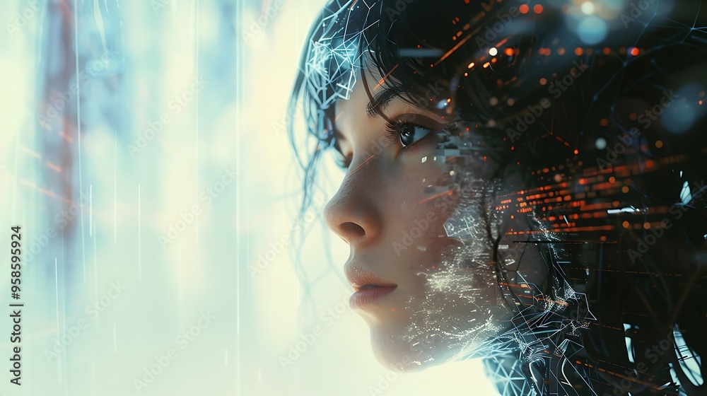 Humanoid AI robot resembling a young woman against an abstract digital backdrop, blending elements of technology, art, and futuristic science. Captured in realistic HD clarity. Humanoid AI robot resembling a young woman against an abstract digital backdrop, blending elements of technology, art, and futuristic science. Captured in realistic HD clarity.