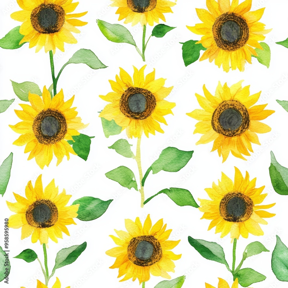 Fototapeta premium White background with seamless watercolour sunflowers