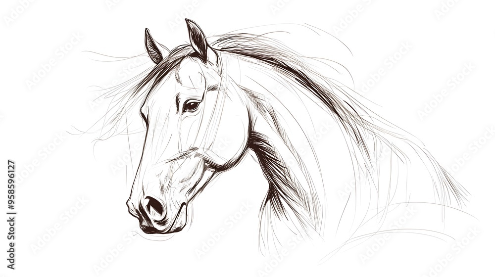 Fototapeta Majestic Horse Portrait with Flowing Mane in Monochrome Sketch Style