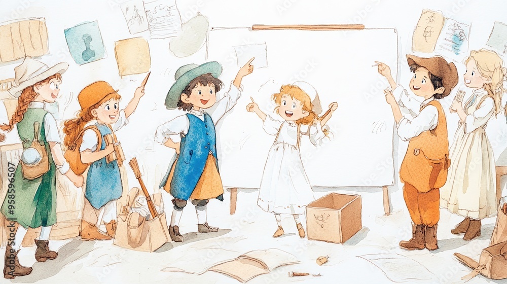 A cheerful group of children engaging in an art class, expressing creativity and teamwork around a blank canvas. watercolor style. A cheerful group of children engaging in an art class, expressing creativity and teamwork around a blank canvas. watercolor style.