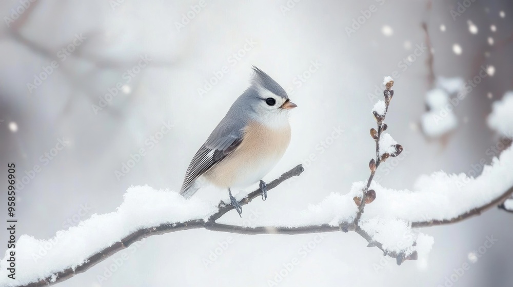 Obraz premium A Tufted Titmouse Perched on a Snowy Branch