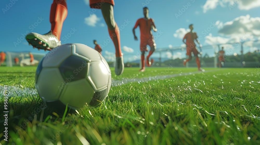Obraz premium Soccer players and soccer balls playing on a football field