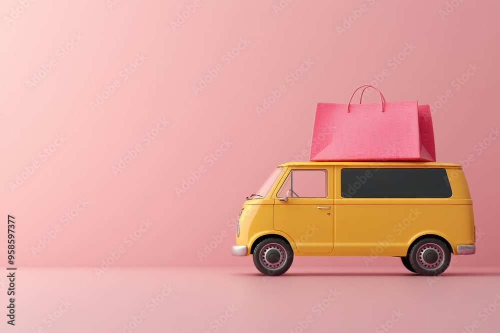 A bright yellow van stands on the right, topped with large shopping bags. The minimalistic design and soft pink background create a playful shopping day atmosphere A bright yellow van stands on the right, topped with large shopping bags. The minimalistic design and soft pink background create a playful shopping day atmosphere