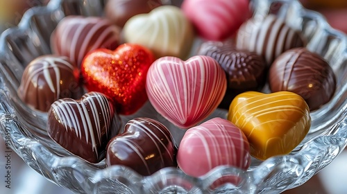 A Close Up of a Bowl of Chocolate Heart-Shaped Candies in a Glass Bowl