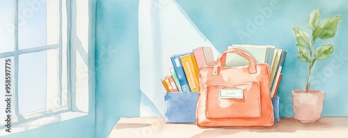 A cozy workspace featuring colorful bags, books, and a plant, illuminated by natural light from a window. watercolor style.