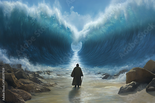 Moses stands before the parted Red Sea, revealing a miraculous path through the water. photo